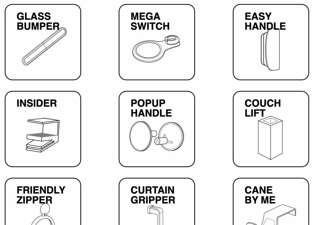 image shows 9 different low tech accessibility products that work with existing ikea products. these are: glass bumper, mega switch, easy handle, insider, pop up handle, couch lift, friendly zipper, curtain zipper, cane by me.