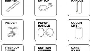 image shows 9 different low tech accessibility products that work with existing ikea products. these are: glass bumper, mega switch, easy handle, insider, pop up handle, couch lift, friendly zipper, curtain zipper, cane by me.