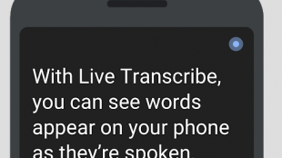 screenshot of android phone showing speech converted to text on the live transcribe app. The text reads "with live transcribe, you can see words appear on your phone as they are spoken.