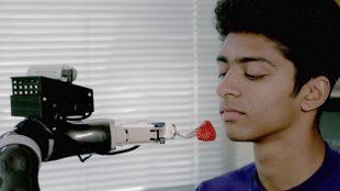 ADA points the fork with a strawberry in its prongs right in front of a user's mouth.