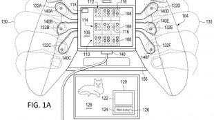 Diagram of proposed braille controller from patent document showing paddles on the back that a blind gamer will press to provide input to the game and also receive haptic feedback. Three paddles on each side are shown in this diagram.