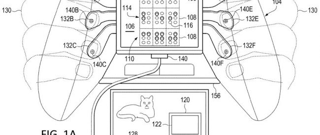 Diagram of proposed braille controller from patent document showing paddles on the back that a blind gamer will press to provide input to the game and also receive haptic feedback. Three paddles on each side are shown in this diagram.