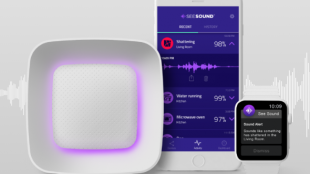 image shows the see sound device along with the see sound app on an iphone and the apple watch