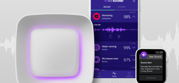 image shows the see sound device along with the see sound app on an iphone and the apple watch