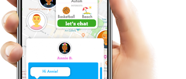 a person holding a phone with the making authentic friendships app open. The app shows a map with several people's location on it.