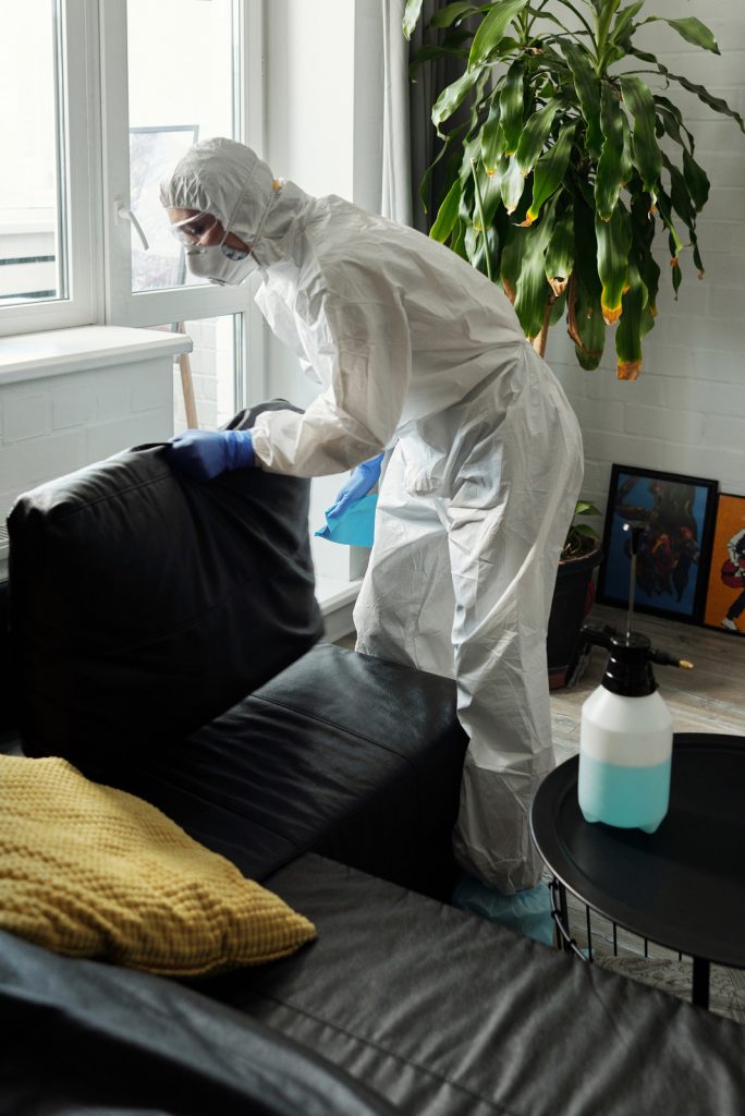 a person wearing PPE cleaning a couch