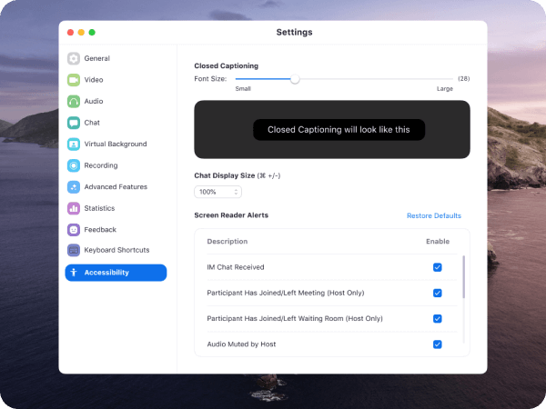 Screenshot shows accessibility settings for zoom where closed captioning font size and screen reader alerts can be set.