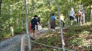 A group of people seen hiking on a Braille trail. They are holding a rope that guides them on the trail.