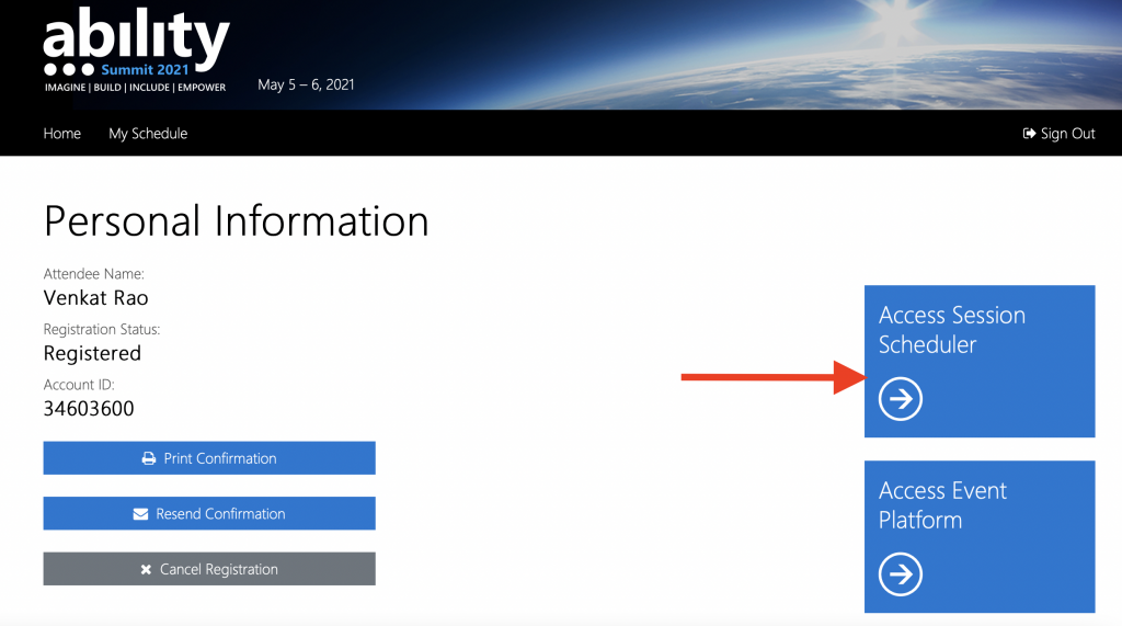 home page of ability summit website. To the right are two options - Access Session Scheduler and Access Event Platform. There is a red arrow pointing to Access Session Scheduler.