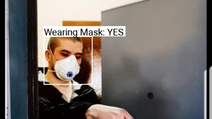 audible vision app detecting a mask on a man. It displays label "wearing mask: yes"