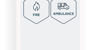 Rescu app screen shows three buttons - police, fire and ambulance. "Live mode" is highlighted on the top and there is a button "send alerts" at the bottom.