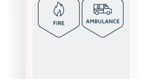 Rescu app screen shows three buttons - police, fire and ambulance. 