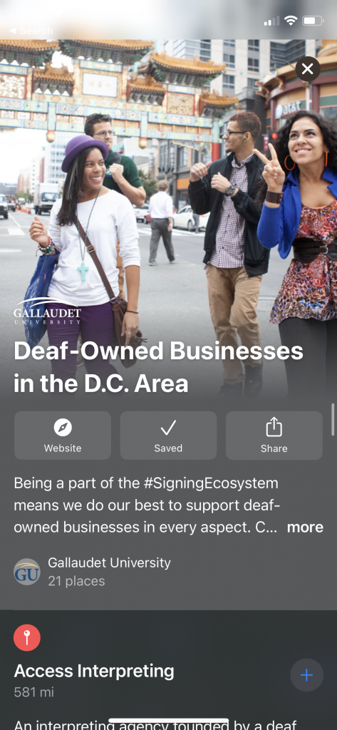 screenshot of Deaf Owned Businesses in the DC Area provided by Gallaudet University on Apple Maps