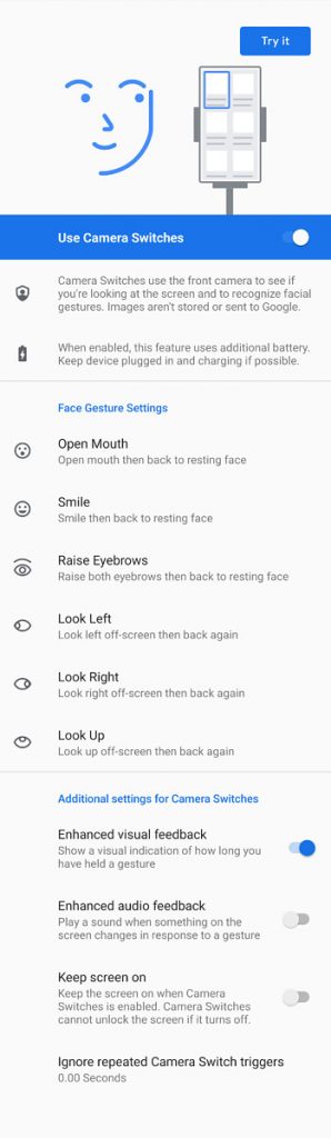 Screenshot of camera switches settings screen in android. Lists all the face gesture settings available.