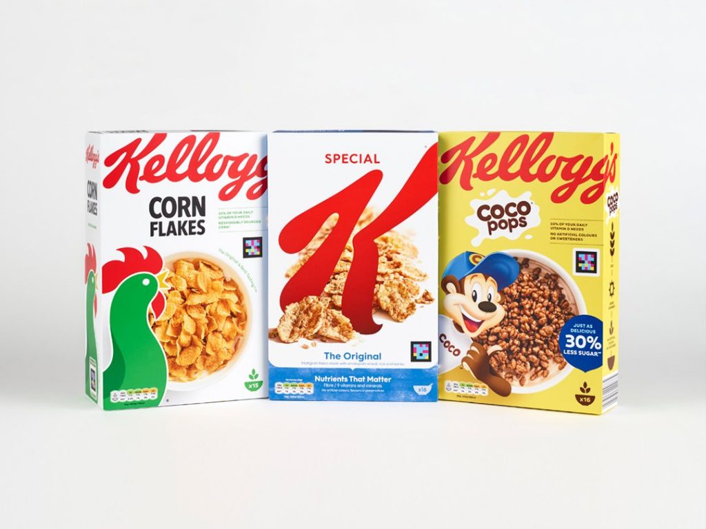 3 boxes of Kellogg’s cereal seen with the NaviLens code on them