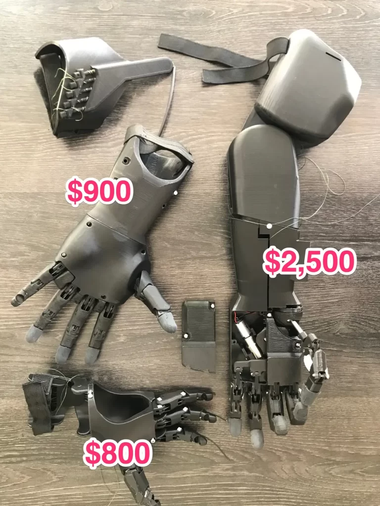 A picture showing three prosthetic limbs from LAT Bionics labeled $2500, $900, and $800. The $2,500 hand is controlled by EMG Sensors while the $800 and $900 ones require a person to control them more directly using other  parts of their body.