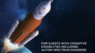 cover of autism awareness guide for kennedy space center showing a rocket launching into space