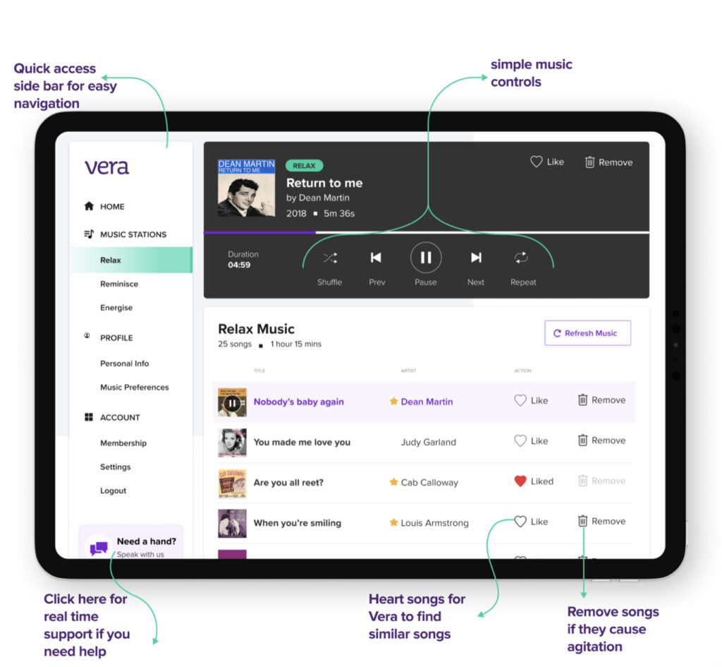 Screenshot of the Vera interface on a tablet with instructions on how to access music and control navigation