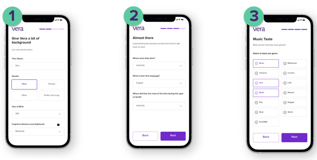 Vera app interface shown over three screens to learn more about the user and their music taste.