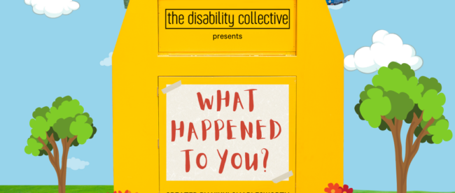 The What Happened to You? graphic, featuring a sky blue background with white clouds. In the centre is a yellow donation bin. At the top of the donation bin are the words 