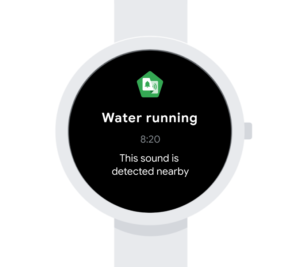 animated image of a smart watch showing the notification - "water running. this sound is detected nearby"