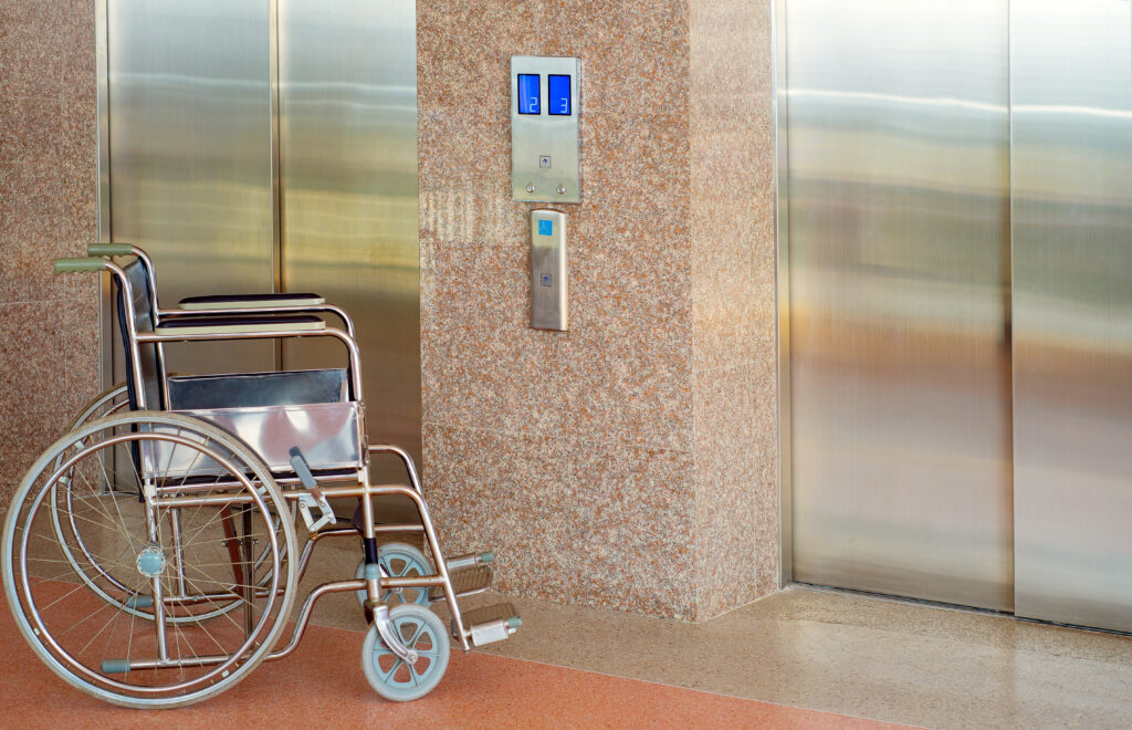 a wheelchair outside an elevator