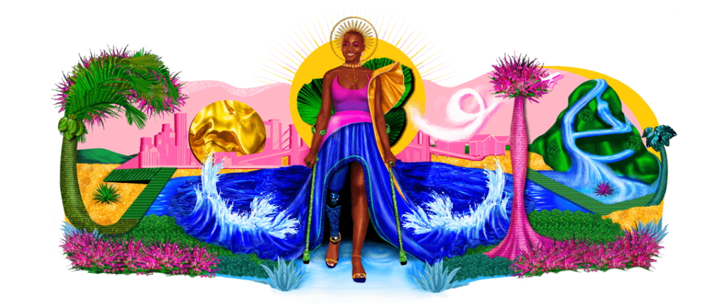 Google Doodle of Mama Cax. Mama Cax is seen in the middle wearing a pink top and a flowing blue dress that is blending into a body of water with waves. The word google is formed using a palm trees, the sun, and a waterfall.