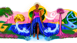 Google Doodle of Mama Cax. Mama Cax is seen in the middle wearing a pink top and a flowing blue dress that is blending into a body of water with waves. The word google is formed using a palm trees, the sun, and a waterfall.