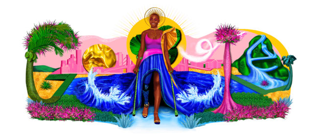 Google Doodle of Mama Cax. Mama Cax is seen in the middle wearing a pink top and a flowing blue dress that is blending into a body of water with waves. The word google is formed using a palm trees, the sun, and a waterfall.