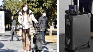 On the left, Chieko Asakawa walks with an AI-equipped suitcase she is developing. To the right is a close up of the prototype suitcase.