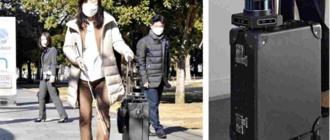 On the left, Chieko Asakawa walks with an AI-equipped suitcase she is developing. To the right is a close up of the prototype suitcase.