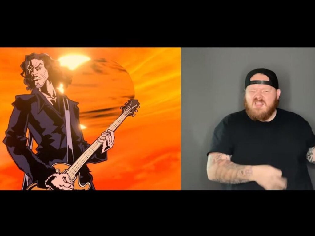 screenshot from one of the Metallica asl videos. On the left is original footage from video and on the right is an ASL interpreter rocking out and signing.