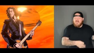 screenshot from one of the Metallica asl videos. On the left is original footage from video and on the right is an ASL interpreter rocking out and signing.