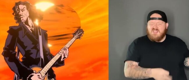 screenshot from one of the Metallica asl videos. On the left is original footage from video and on the right is an ASL interpreter rocking out and signing.