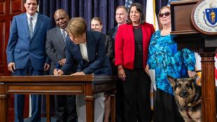 Gov. Maura Healey (center left), Lt. Gov. Kim Driscoll (center right), Secretary of Technology Services and Security Jason Snyder (center rear) and representatives of the disability community gather on the 33rd anniversary of the signing of the Americans with Disabilities Act (ADA) to sign Executive Order No. 614, creating the Digital Accessibility and Equity Governance Board to strengthen and advance digital accessibility and equity within the state, at the Statehouse on July 26, 2023.