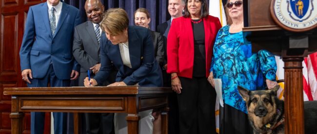 Gov. Maura Healey (center left), Lt. Gov. Kim Driscoll (center right), Secretary of Technology Services and Security Jason Snyder (center rear) and representatives of the disability community gather on the 33rd anniversary of the signing of the Americans with Disabilities Act (ADA) to sign Executive Order No. 614, creating the Digital Accessibility and Equity Governance Board to strengthen and advance digital accessibility and equity within the state, at the Statehouse on July 26, 2023.