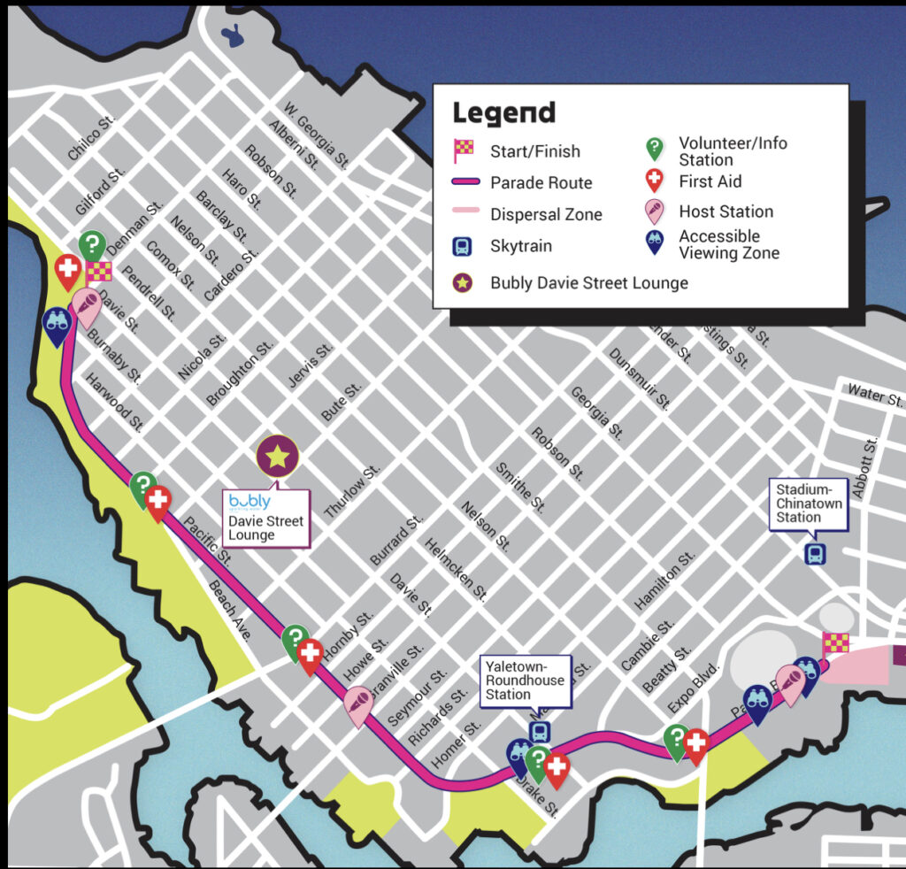 The image shows a map of downtown Vancouver, with the parade route highlighted in red. The route begins at intersection of Davie Street and Denman, and ends at Concord Community Park. The map also shows the locations of volunteer/info stations, first aid stations, host stations, dispersal zones, Skytrain stations, and accessible viewing zones.