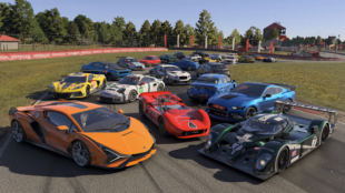 A group of racing cars lined up on a racetrack. The cars are all different colors and styles, including a red Ferrari, a blue Porsche, a yellow Lamborghini, a green Aston Martin, and a black McLaren. The cars are all parked in a row on the track, with their engines running and their drivers ready to race. The image is taken from a high vantage point, and the racetrack is surrounded by trees and hills. The sky is blue and clear, and the sun is shining brightly. The image is from the Forza Motorsport website, and it is being used to promote the upcoming release of the game. The game is a racing simulator, and it allows players to race a variety of different cars on different tracks. The image is meant to give viewers a glimpse of the different cars that will be available in the game, and it also shows the beautiful graphics that the game will feature.