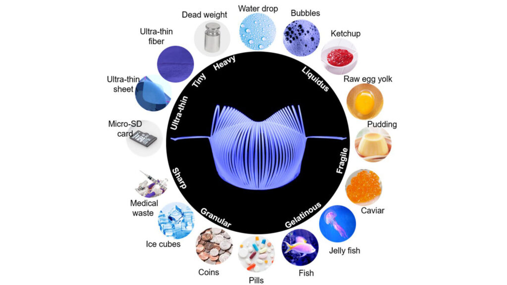 This image shows a variety of objects that this new gripping device can handle. The objects include a dead weight, an ultra-thin sheet, a micro-SD card, medical waste, ice cubes, a raw egg yolk, a pudding, a sharp object, a fragile object, granular material, caviar, coins, a water drop, bubbles, ketchup, a jellyfish, pilis, and a fish.