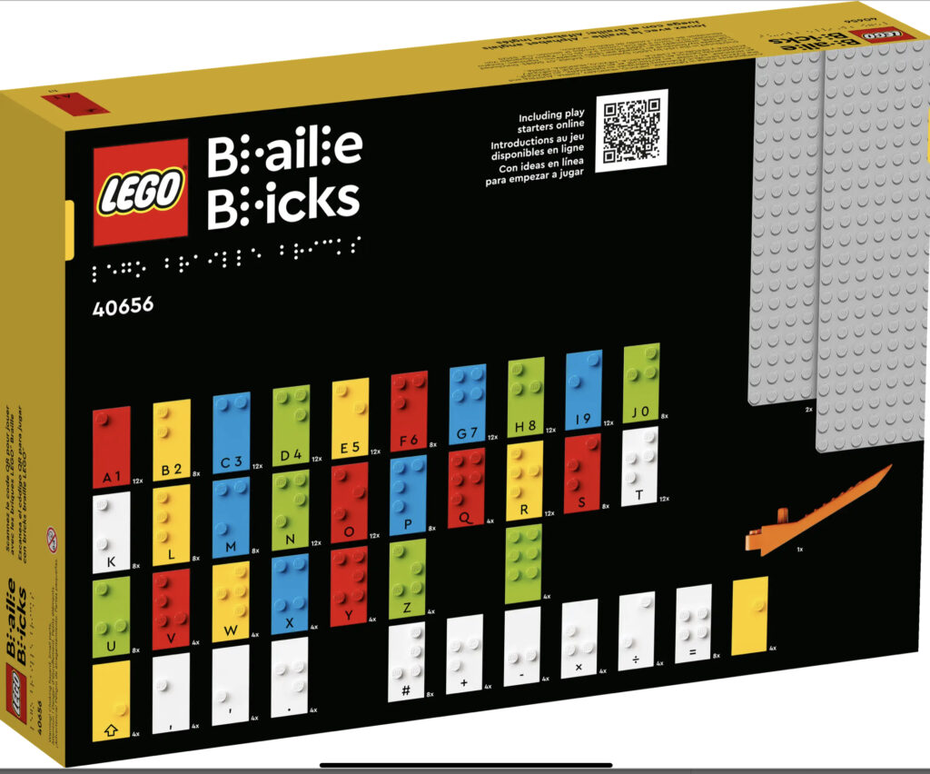 Image of the back of a box of LEGO Braille Bricks. The text on the box reads: "LEGO Braille Bricks" "40656" "Play with Braille" "Including play starters online" "Introductions au jeu disponibles en ligne" "Con ideas en linea para empezar a jugar". The box also shows a diagram of the LEGO Braille Bricks, with the letters of the alphabet represented in braille.