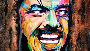 A colorful painting of a man with a mustache