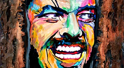 A colorful painting of a man with a mustache