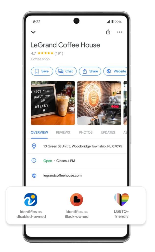 screenshot of legrand coffee house shown on google maps. at the bottom are three new icons - "identified as disabled owned", "identified as black owned", and "lgbtq+ friendly