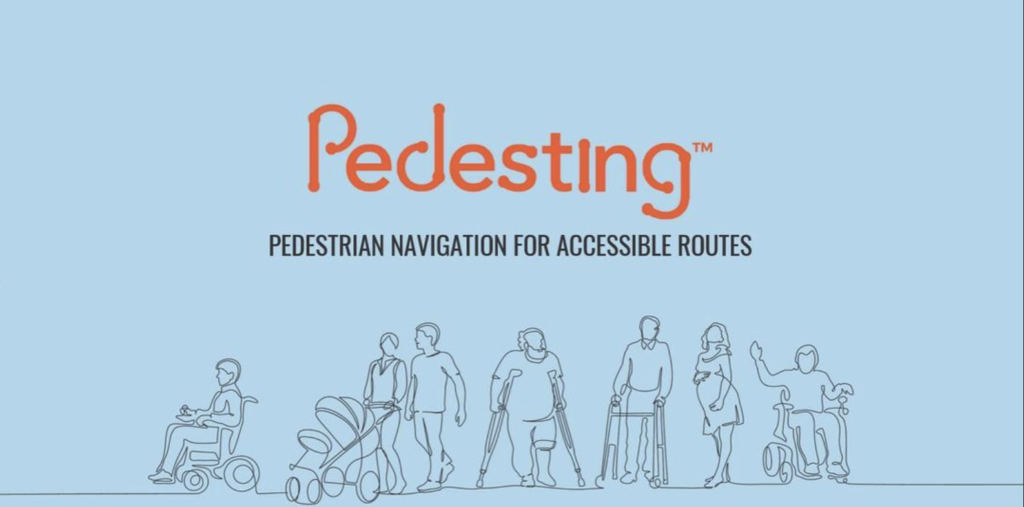 image with light blue background and the word pedesting in orange. Below it are illustrations of a few people - a person in a wheelchair, a couple with a stroller, person with crutches, a person with a walker, a pregnant woman, and another person in a wheelchair with their right hand raised.