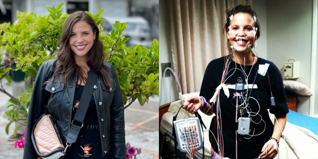 The image shows two side-by-side photos of Jacqueline, the co-founder of Dateability. On the left, she is outdoors, smiling at the camera, dressed in a black dress with a floral pattern and a black leather jacket, accessorized with a pale pink crossbody bag. On the right, she is indoors, also smiling, with numerous medical sensors attached to her face and chest, and she appears to be undergoing a medical test or monitoring. She is wearing a black t-shirt and holding a gray device, possibly part of the medical equipment. The contrast between the two images suggests a glimpse into her life, capturing both her everyday appearance and the reality of living with a medical condition.