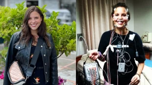 The image shows two side-by-side photos of Jacqueline, the co-founder of Dateability. On the left, she is outdoors, smiling at the camera, dressed in a black dress with a floral pattern and a black leather jacket, accessorized with a pale pink crossbody bag. On the right, she is indoors, also smiling, with numerous medical sensors attached to her face and chest, and she appears to be undergoing a medical test or monitoring. She is wearing a black t-shirt and holding a gray device, possibly part of the medical equipment. The contrast between the two images suggests a glimpse into her life, capturing both her everyday appearance and the reality of living with a medical condition.