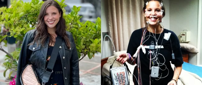 The image shows two side-by-side photos of Jacqueline, the co-founder of Dateability. On the left, she is outdoors, smiling at the camera, dressed in a black dress with a floral pattern and a black leather jacket, accessorized with a pale pink crossbody bag. On the right, she is indoors, also smiling, with numerous medical sensors attached to her face and chest, and she appears to be undergoing a medical test or monitoring. She is wearing a black t-shirt and holding a gray device, possibly part of the medical equipment. The contrast between the two images suggests a glimpse into her life, capturing both her everyday appearance and the reality of living with a medical condition.