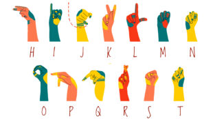 The image shows a colorful representation of the American Sign Language (ASL) alphabet. Each letter is illustrated by a different hand sign against a solid color background. The hands are stylized and feature various decorative patterns and designs on the sleeves, such as stripes, zigzags, and other shapes. Each hand sign corresponds to a letter from A to Z, with the letter indicated below each hand. This type of illustration is often used as an educational tool to teach the basics of ASL finger spelling.