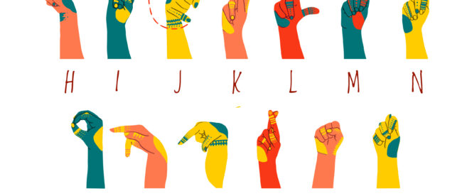 The image shows a colorful representation of the American Sign Language (ASL) alphabet. Each letter is illustrated by a different hand sign against a solid color background. The hands are stylized and feature various decorative patterns and designs on the sleeves, such as stripes, zigzags, and other shapes. Each hand sign corresponds to a letter from A to Z, with the letter indicated below each hand. This type of illustration is often used as an educational tool to teach the basics of ASL finger spelling.