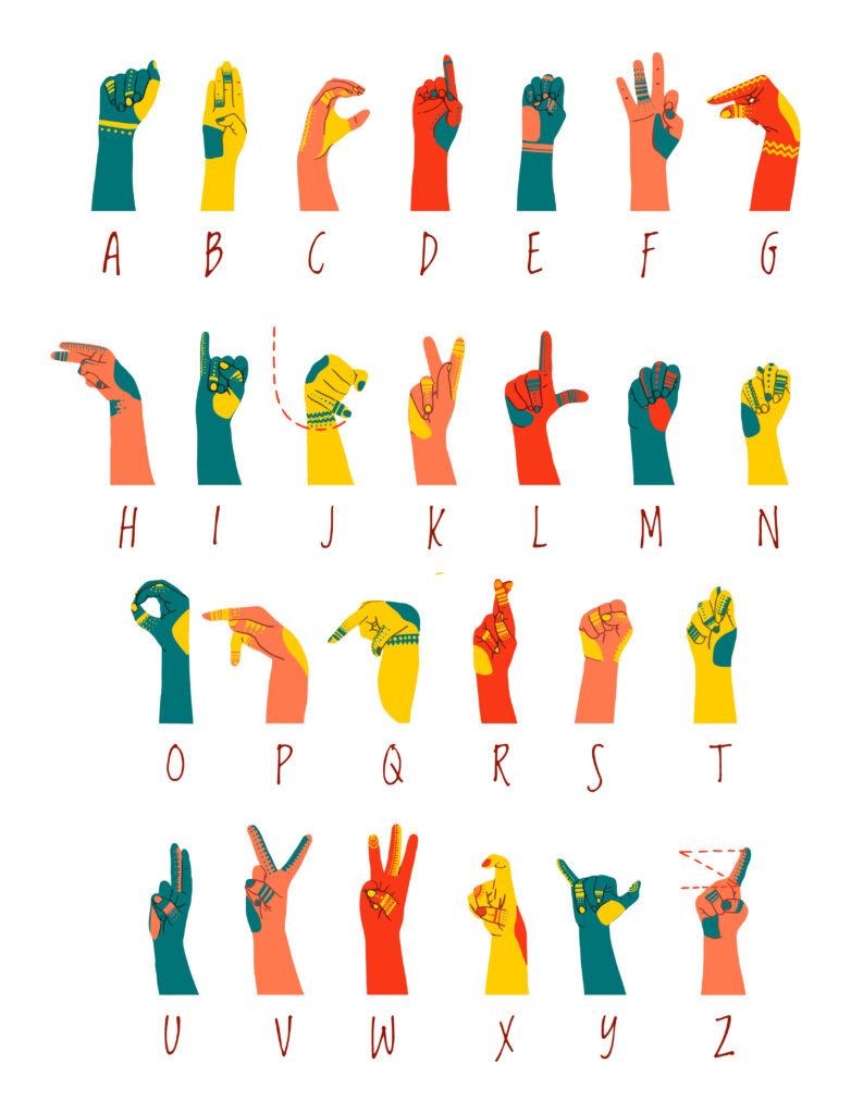 The image shows a colorful representation of the American Sign Language (ASL) alphabet. Each letter is illustrated by a different hand sign against a solid color background. The hands are stylized and feature various decorative patterns and designs on the sleeves, such as stripes, zigzags, and other shapes. Each hand sign corresponds to a letter from A to Z, with the letter indicated below each hand. This type of illustration is often used as an educational tool to teach the basics of ASL finger spelling.